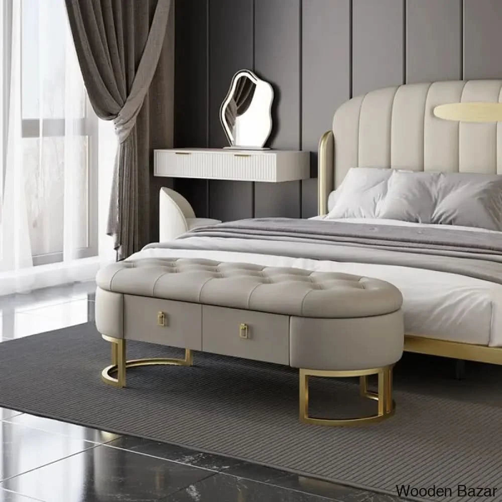 Modern Gray Bedroom Storage Tufted Bench with 2 Drawers in Leather ...