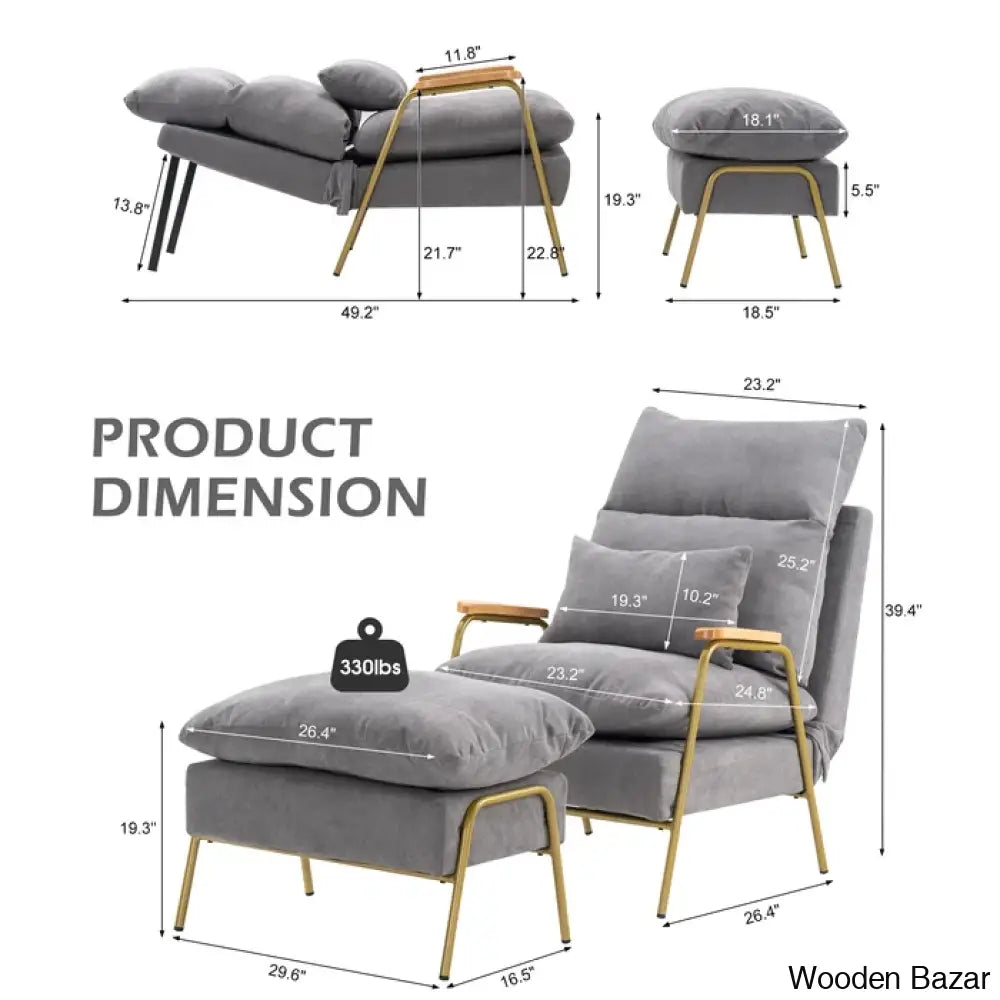 Modern Linen Accent Recliner With Ottoman | Adjustable Backrest And Pillow Armchair