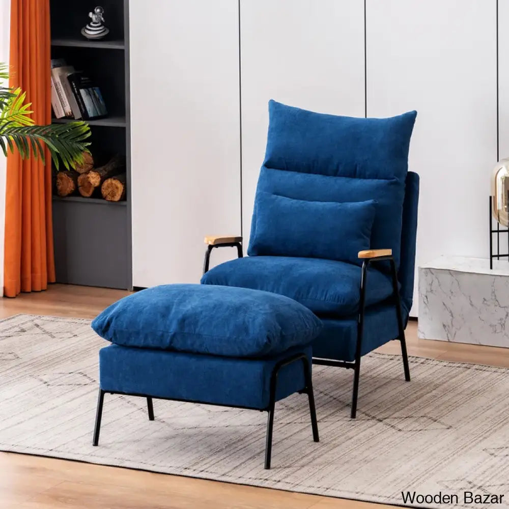 Modern Linen Accent Recliner With Ottoman | Adjustable Backrest And Pillow Armchair Blue