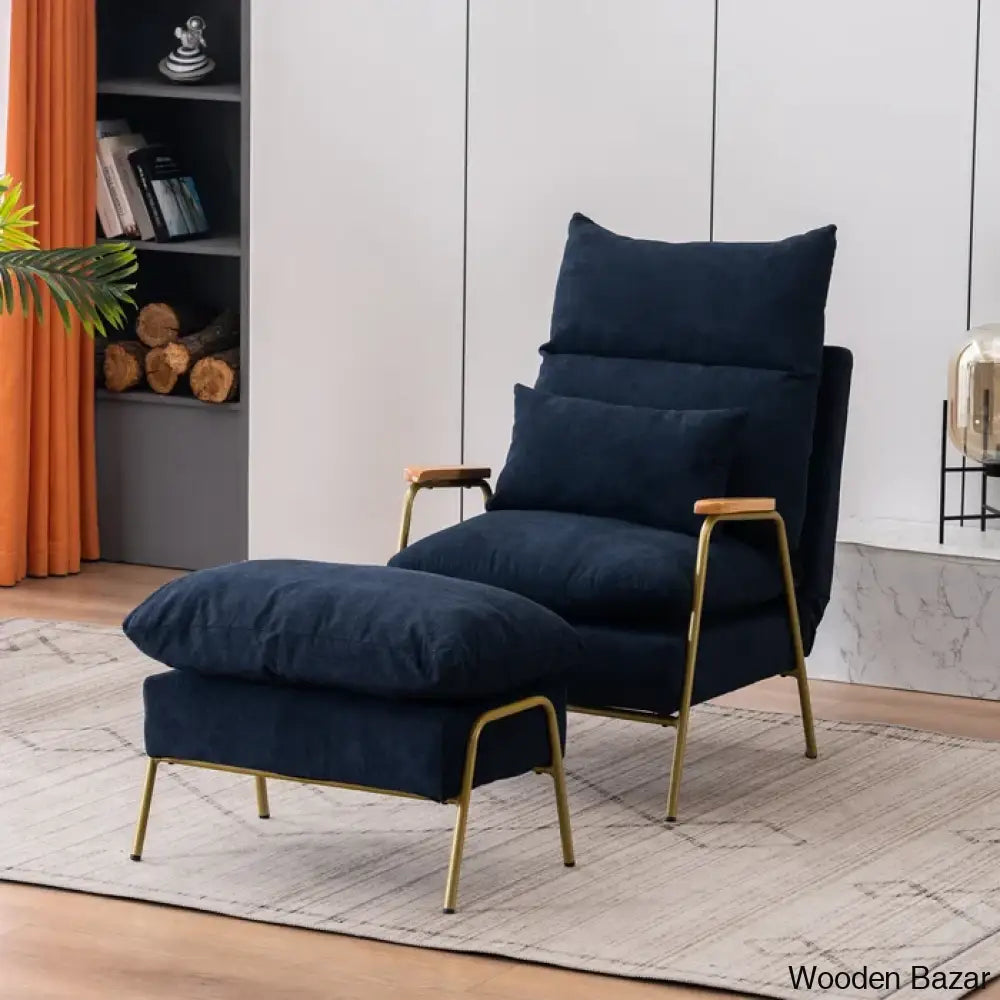 Modern Linen Accent Recliner With Ottoman | Adjustable Backrest And Pillow Armchair Dark Blue