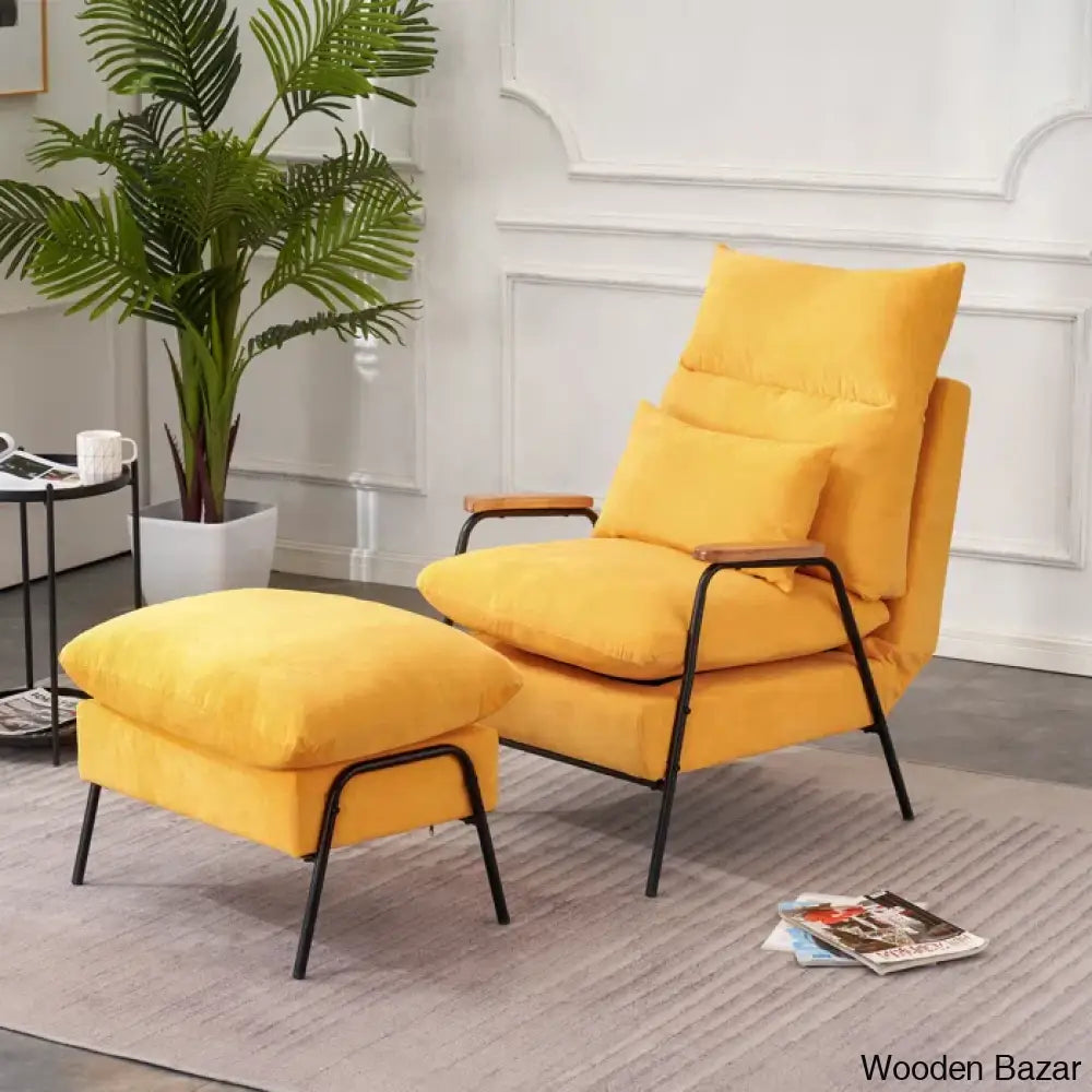 Modern Linen Accent Recliner With Ottoman | Adjustable Backrest And Pillow Armchair Yellow