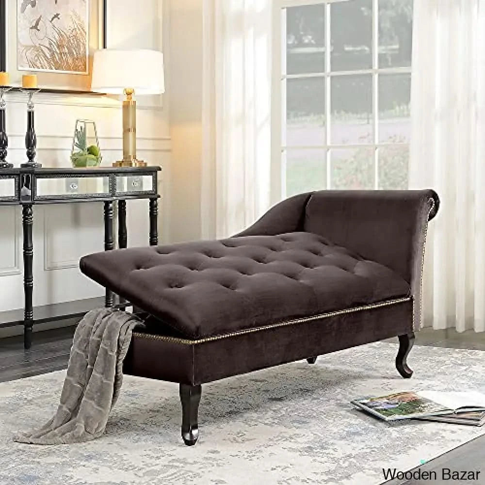 Modern Tufted Velvet Chaise Lounge with Storage Elegant Victorian Vintage Style Upholstered Couch for Bedroom or Living Room Wooden Bazar