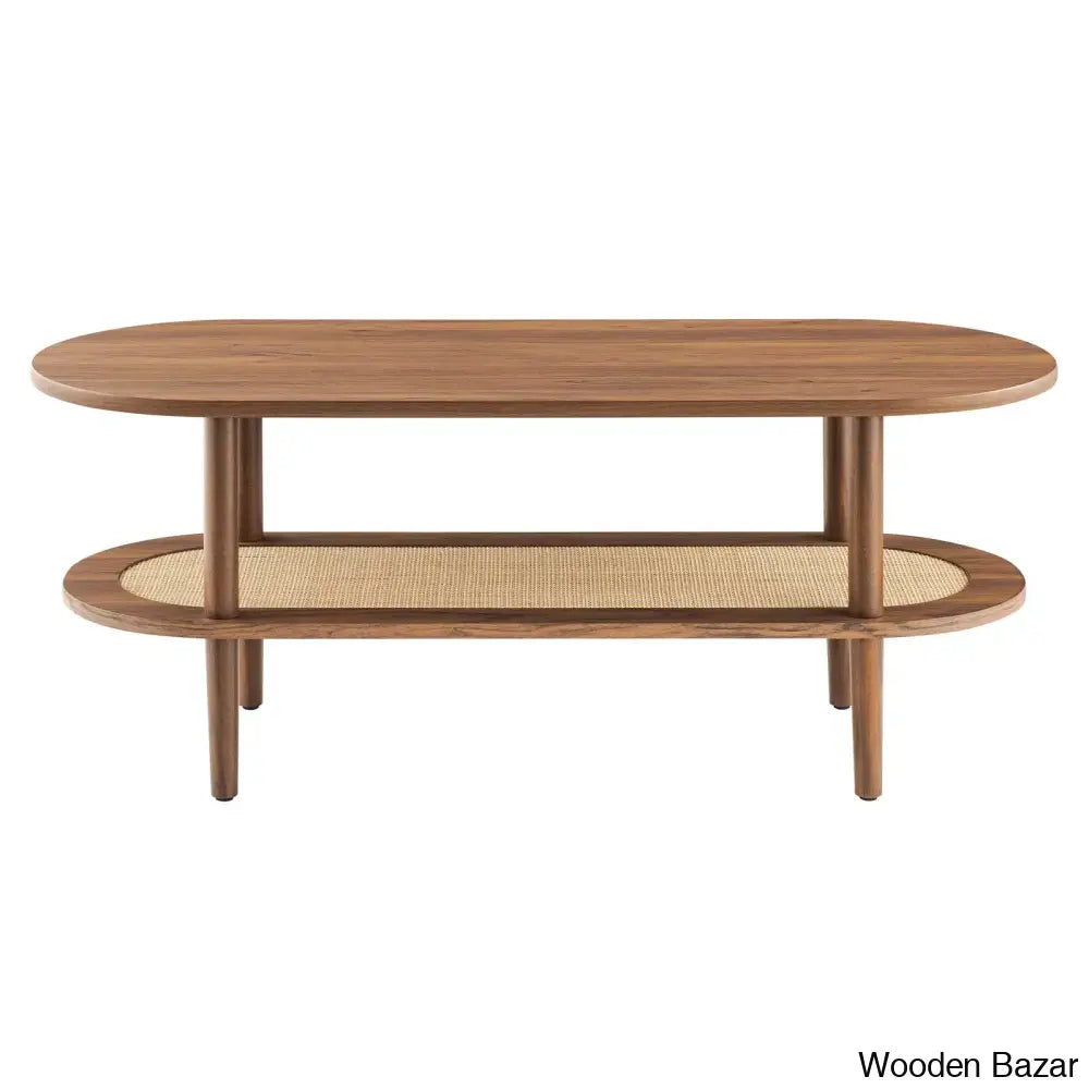 Modway Torus Oval Coffee And Center Table With Rattan Shelf Walnut