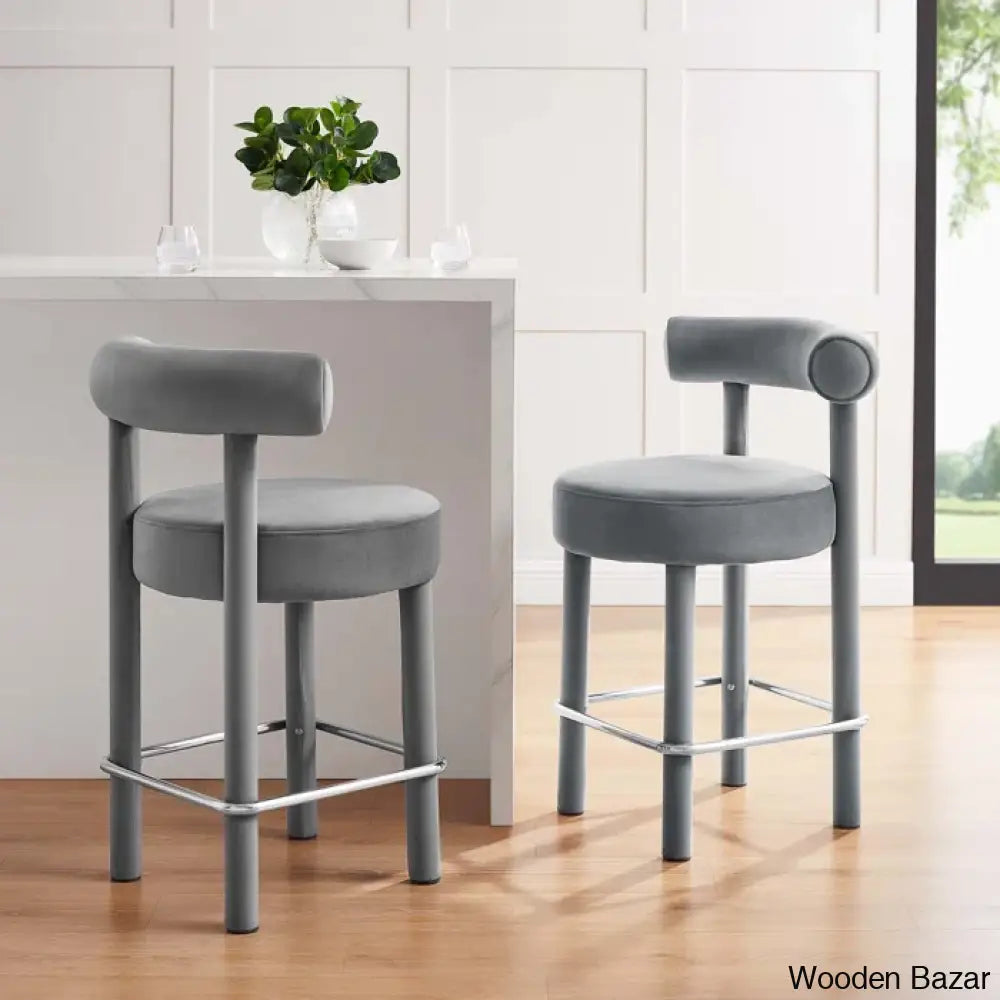 Modwayo Toulouse Counter And Bar Stool (Set Of 2) Velvet-Gray/Silver / (30” Seat Height)