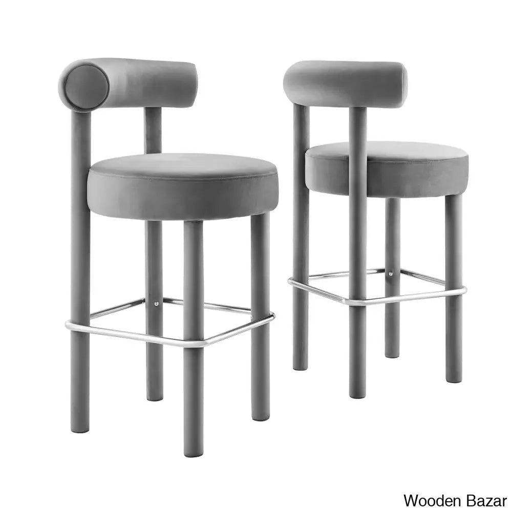 Modwayo Toulouse Counter And Bar Stool (Set Of 2) Velvet-Light Gray/Silver / (30” Seat Height)