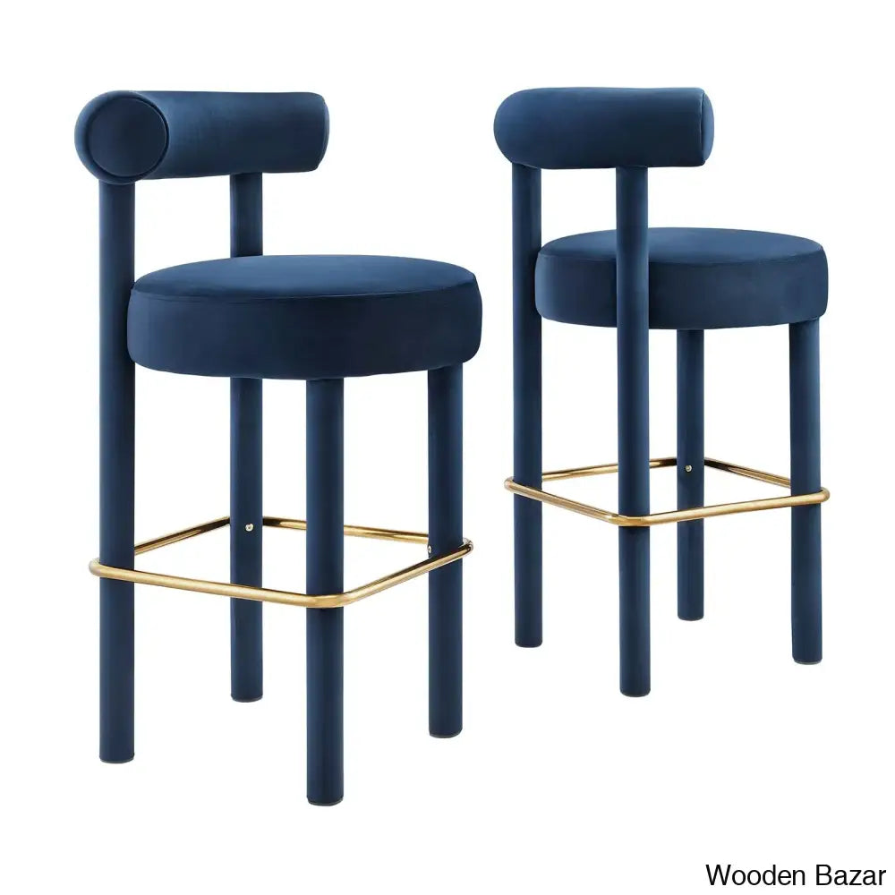 Modwayo Toulouse Counter And Bar Stool (Set Of 2) Velvet-Light Midnight Blue/Gold / (30” Seat