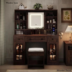 Myamarie Vanity Dressing Table With Lighted Mirror And Stool Brown