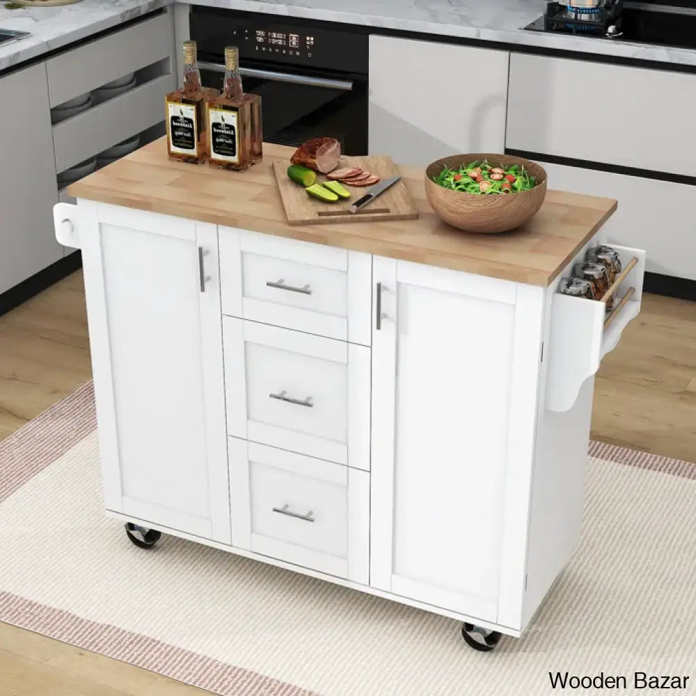 Natalija Solid Wood Top Kitchen Cart Trolley Cart Cabinet Kitchen Island With Storage