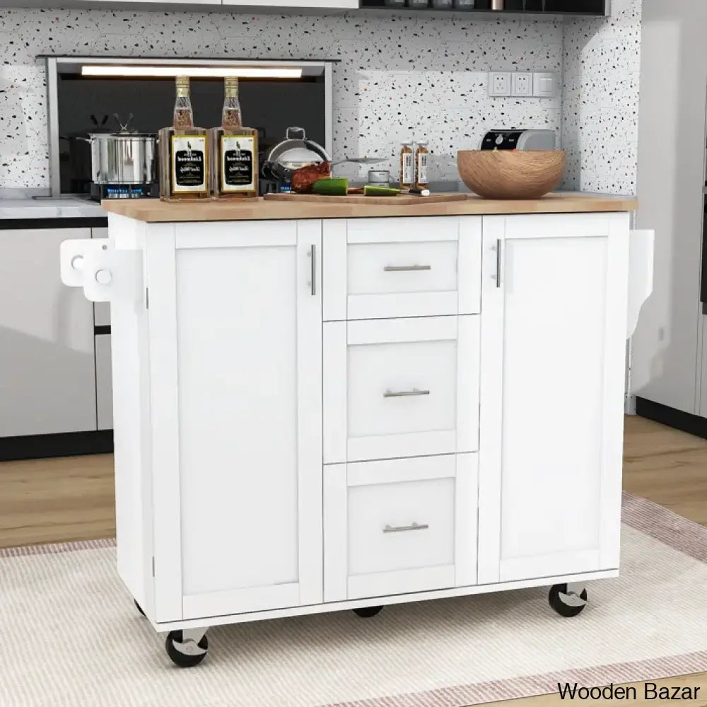 Natalija Solid Wood Top Kitchen Cart Trolley Cart Cabinet Kitchen Island With Storage