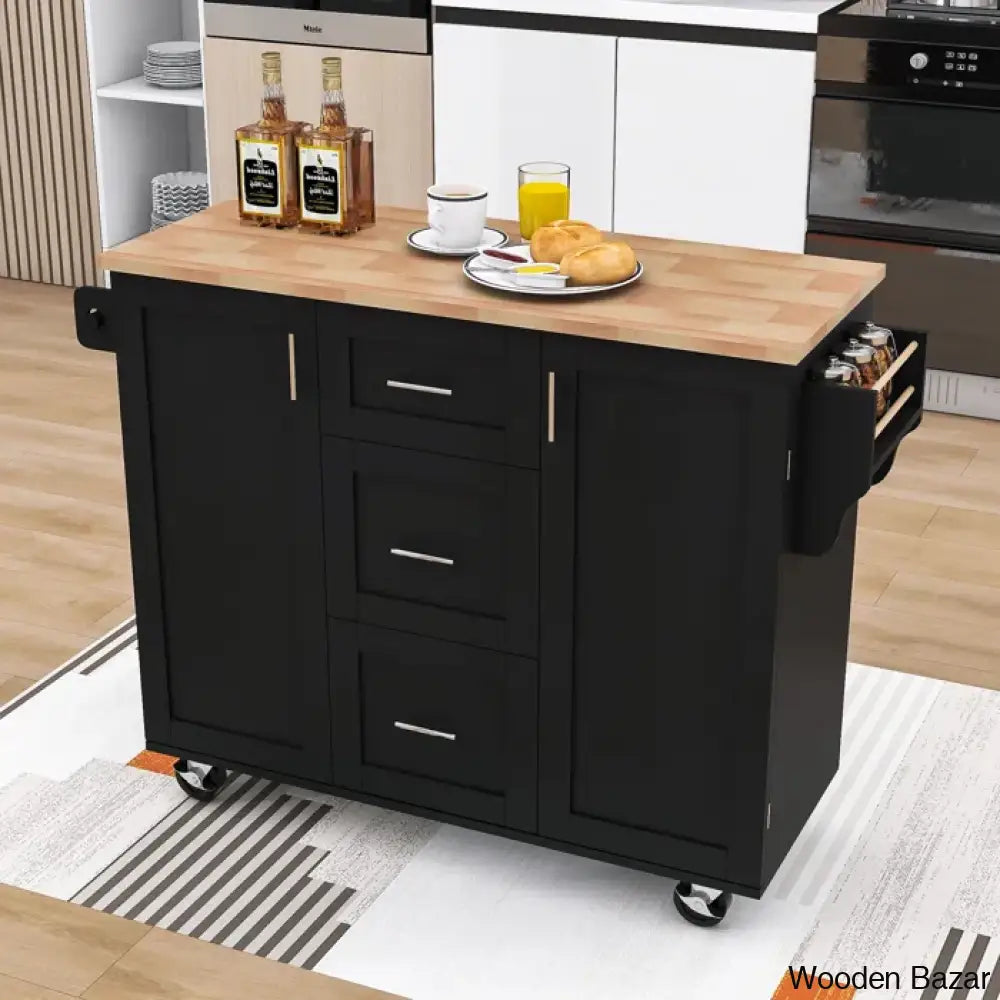 Natalija Solid Wood Top Kitchen Cart Trolley Cart Cabinet Kitchen Island With Storage