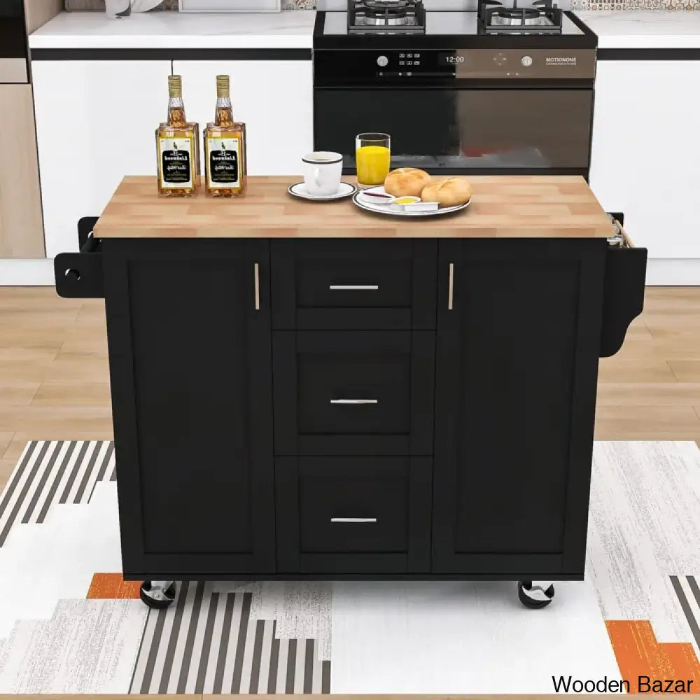 Natalija Solid Wood Top Kitchen Cart Trolley Cart Cabinet Kitchen Island With Storage Natural/Black