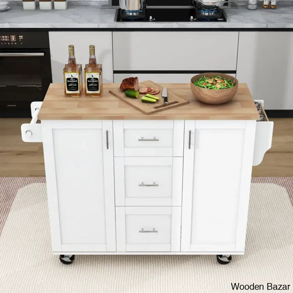 Natalija Solid Wood Top Kitchen Cart Trolley Cart Cabinet Kitchen Island With Storage Natural/White