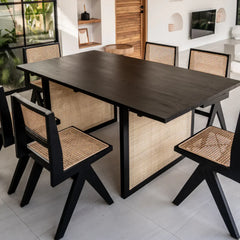 Rattan teak wood six-seater dining table set with chairs