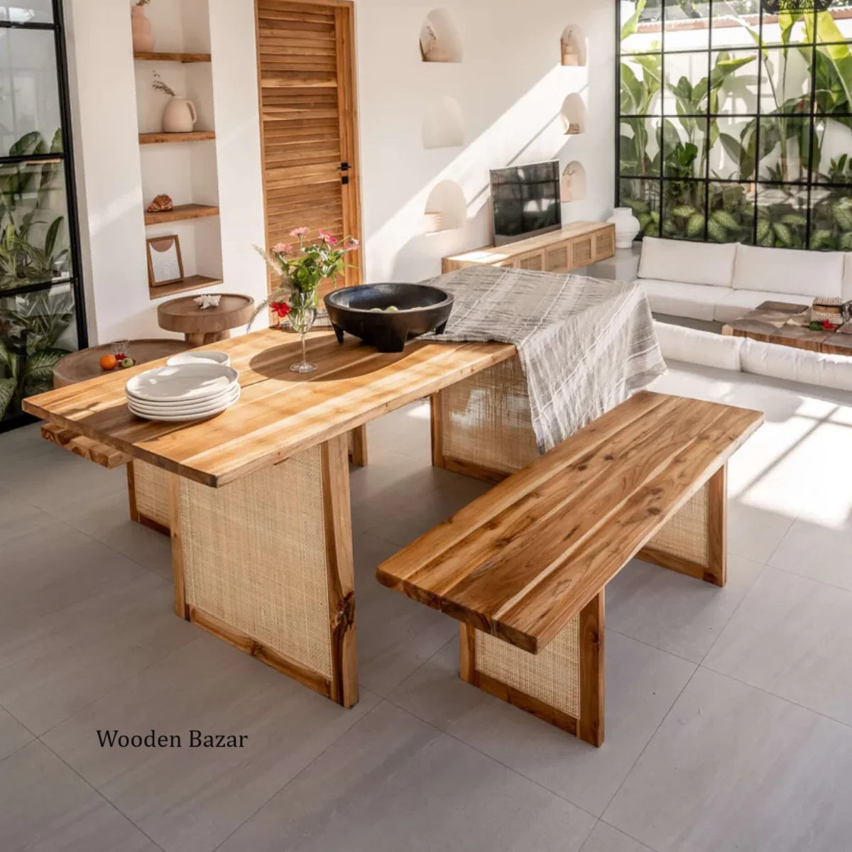 6-SEATER DINING TABLE WITH RATTAN & TEAK WOOD SEATING