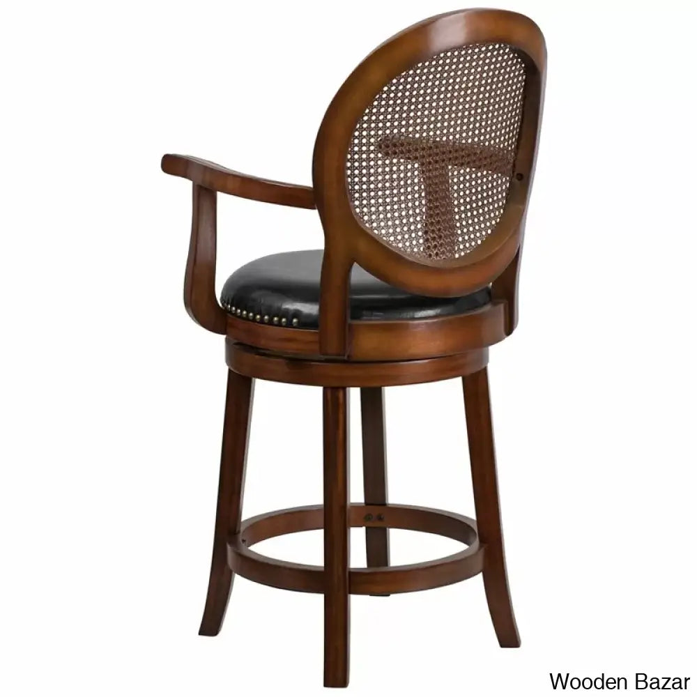 Nyon Wood Transitional Style Dining Counter And Bar Stool With Arms Woven Rattan Back Leathersoft