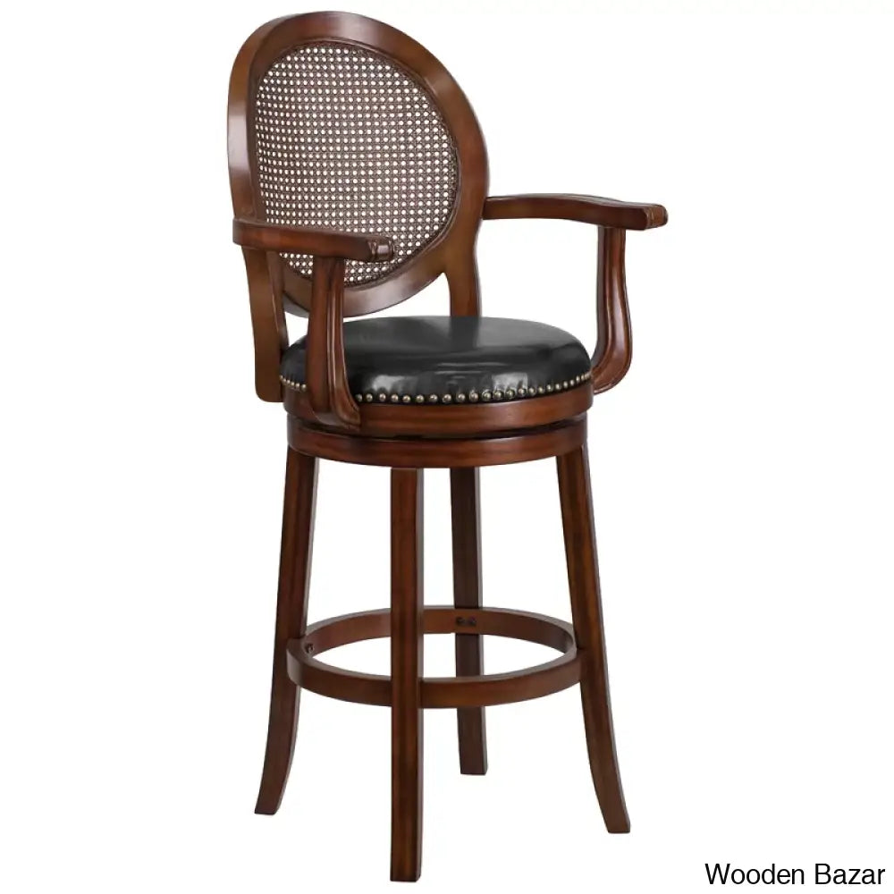 Nyon Wood Transitional Style Dining Counter And Bar Stool With Arms Woven Rattan Back Leathersoft