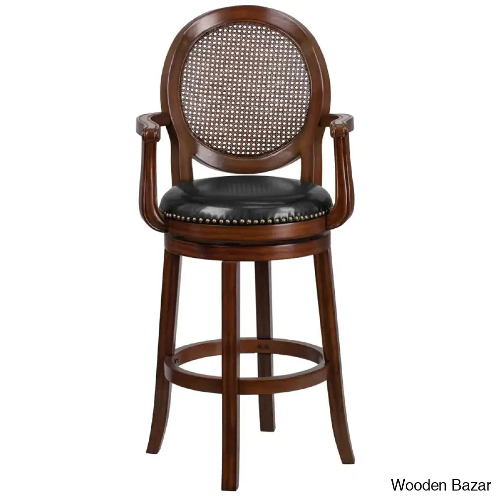 Nyon Wood Transitional Style Dining Counter And Bar Stool With Arms Woven Rattan Back Leathersoft