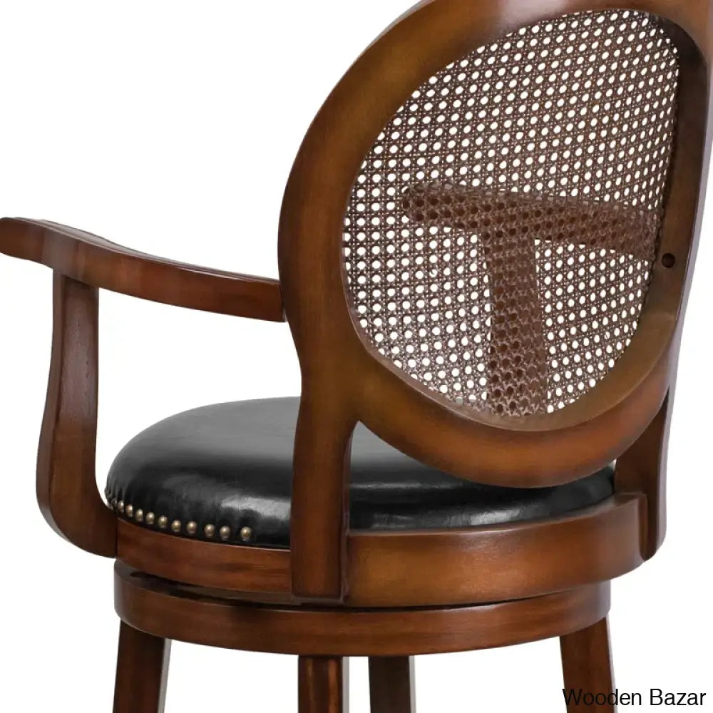 Nyon Wood Transitional Style Dining Counter And Bar Stool With Arms Woven Rattan Back Leathersoft