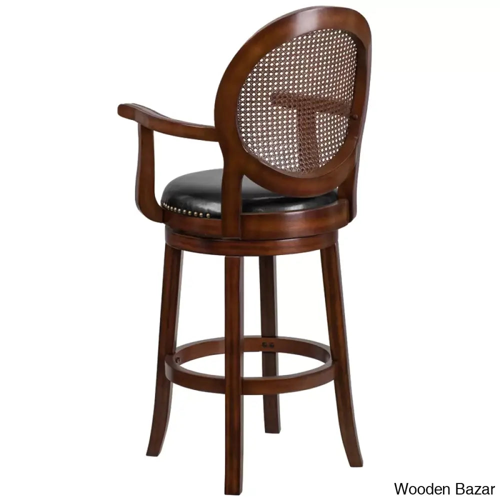 Nyon Wood Transitional Style Dining Counter And Bar Stool With Arms Woven Rattan Back Leathersoft