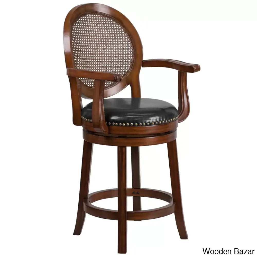 Nyon Wood Transitional Style Dining Counter And Bar Stool With Arms Woven Rattan Back Leathersoft