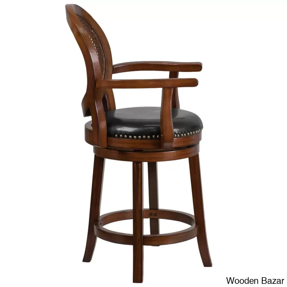 Nyon Wood Transitional Style Dining Counter And Bar Stool With Arms Woven Rattan Back Leathersoft