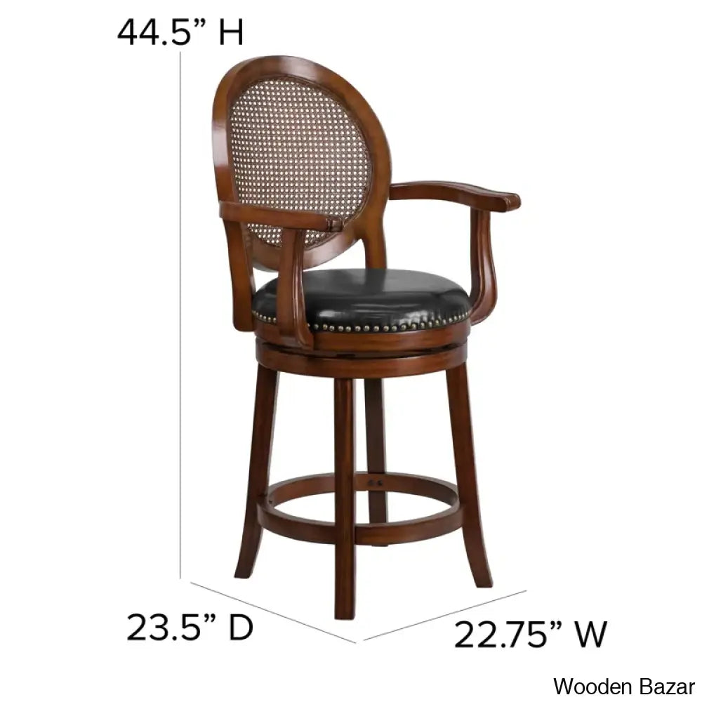 Nyon Wood Transitional Style Dining Counter And Bar Stool With Arms Woven Rattan Back Leathersoft