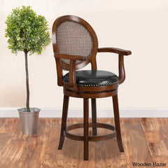 Nyon Wood Transitional Style Dining Counter And Bar Stool With Arms Woven Rattan Back Leathersoft