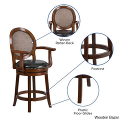 Nyon Wood Transitional Style Dining Counter And Bar Stool With Arms Woven Rattan Back Leathersoft