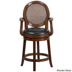 Nyon Wood Transitional Style Dining Counter And Bar Stool With Arms Woven Rattan Back Leathersoft