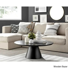 Palmic Luxury Pedestal Round Coffee And Center Table Matte Black Top/Matte Base