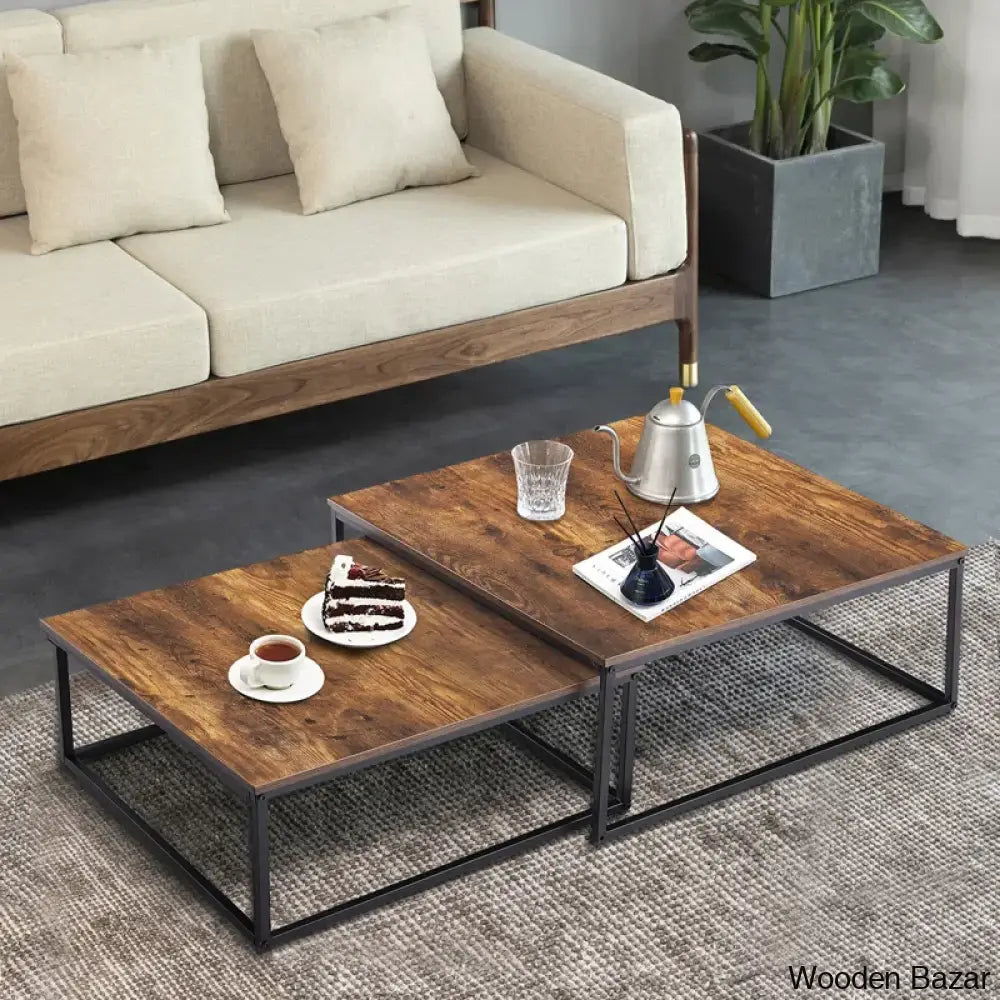 Pikka Coffee And Center Tables 2 Piece Set Square Nesting Table For Living Room Rustic Brown Black