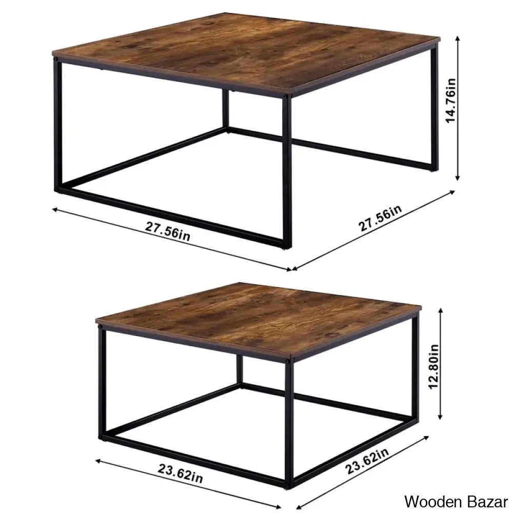 Pikka Coffee And Center Tables 2 Piece Set Square Nesting Table For Living Room Rustic Brown Black