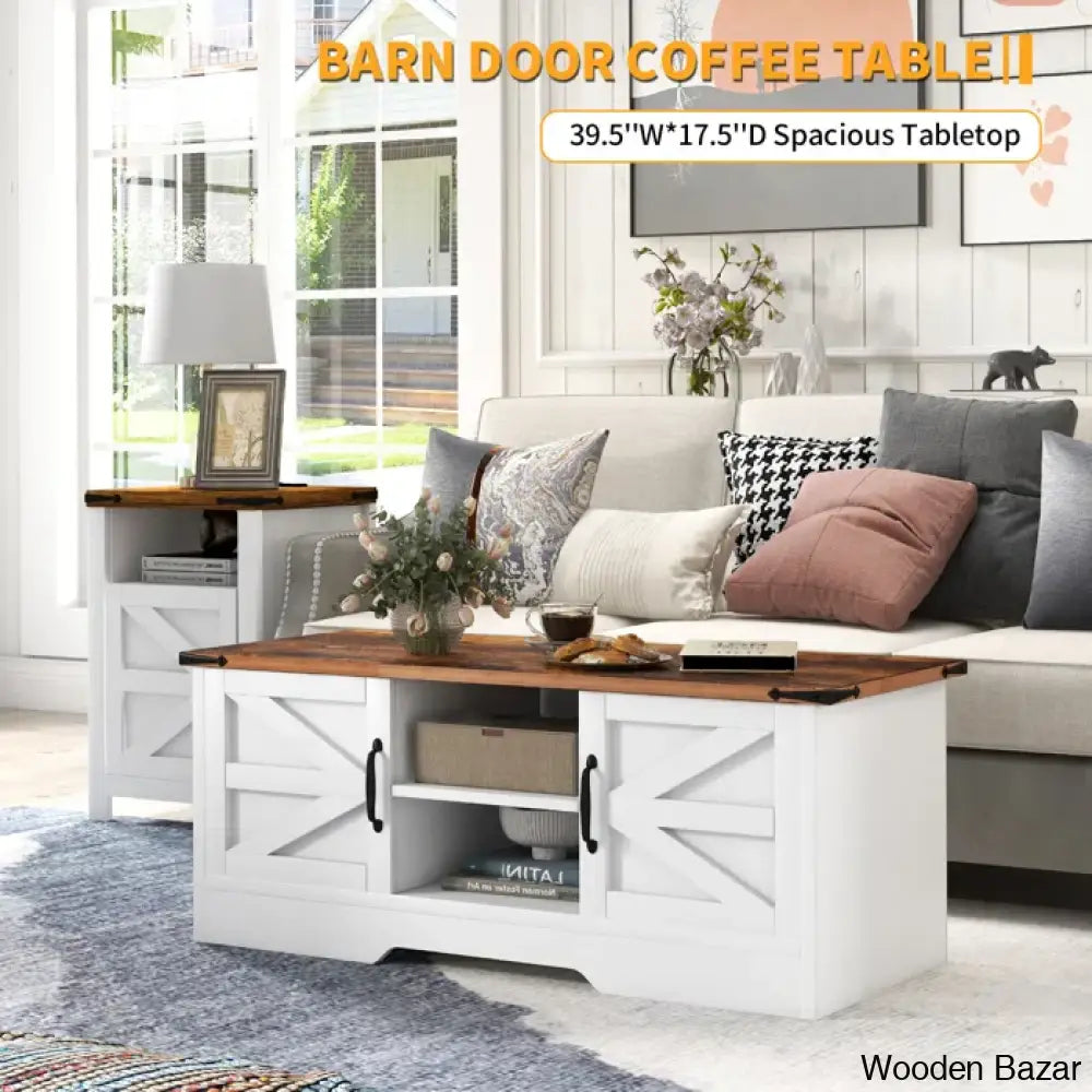 Pityy Coffee And Center Table With Barn Doors Storage Cabinets Open Shelves For Living Room Bedroom