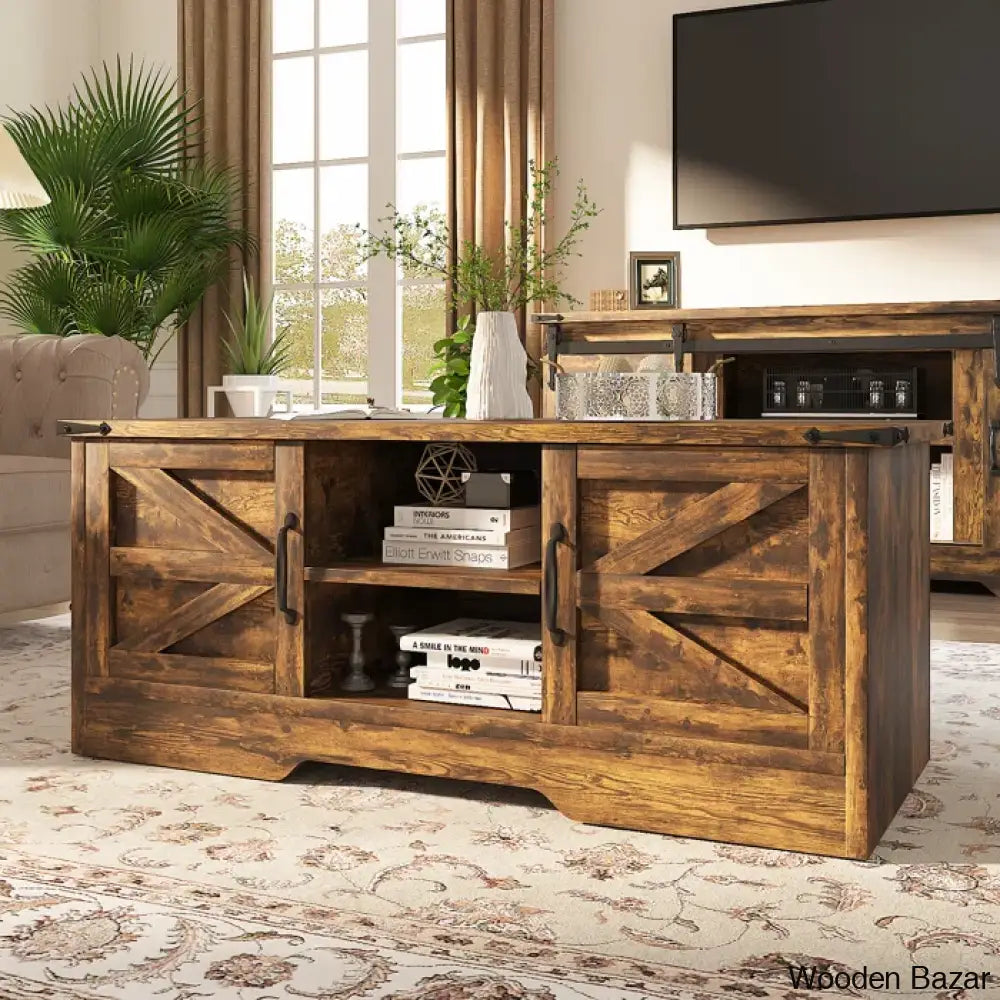 Pityy Coffee And Center Table With Barn Doors Storage Cabinets Open Shelves For Living Room Bedroom