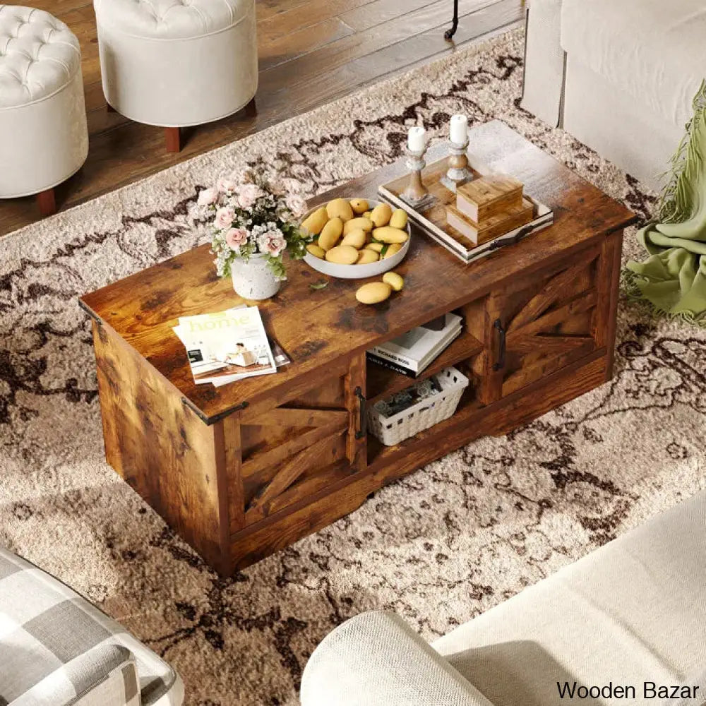 Pityy Coffee And Center Table With Barn Doors Storage Cabinets Open Shelves For Living Room Bedroom