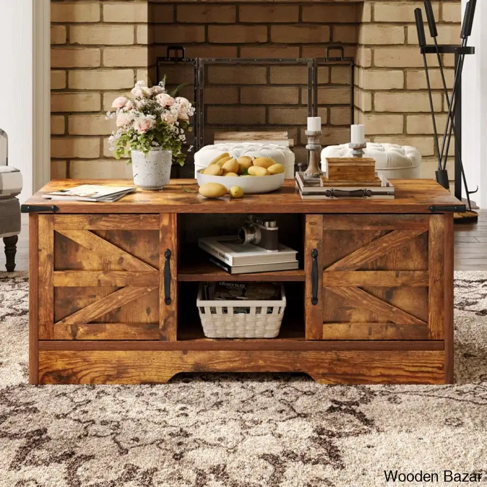 Pityy Coffee And Center Table With Barn Doors Storage Cabinets Open Shelves For Living Room Bedroom