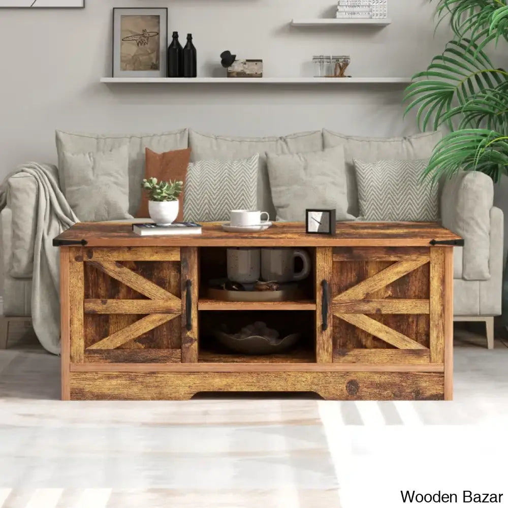 Pityy Coffee And Center Table With Barn Doors Storage Cabinets Open Shelves For Living Room Bedroom