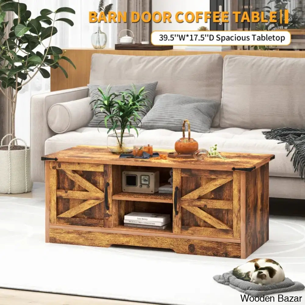 Pityy Coffee And Center Table With Barn Doors Storage Cabinets Open Shelves For Living Room Bedroom