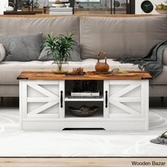 Pityy Coffee And Center Table With Barn Doors Storage Cabinets Open Shelves For Living Room Bedroom