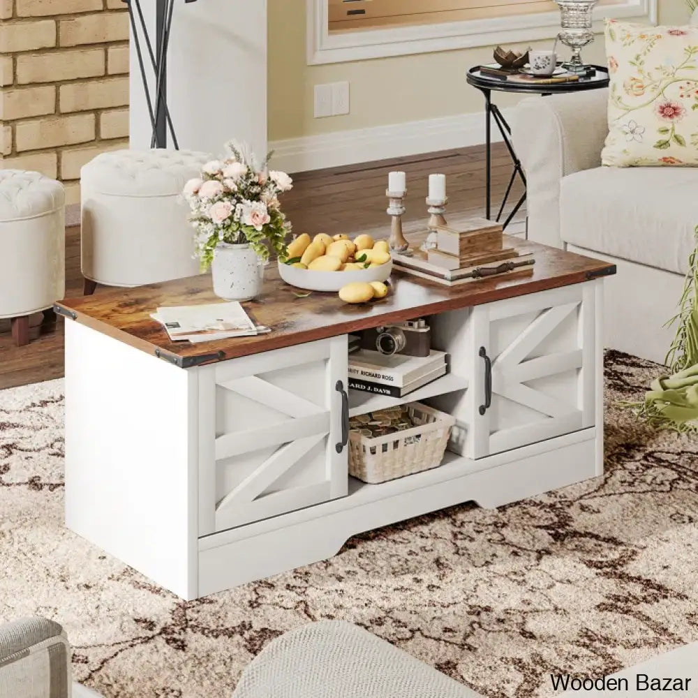 Pityy Coffee And Center Table With Barn Doors Storage Cabinets Open Shelves For Living Room Bedroom