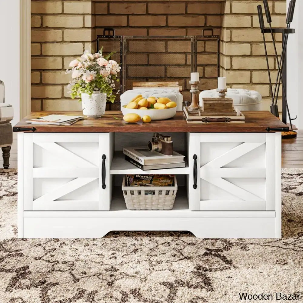 Pityy Coffee And Center Table With Barn Doors Storage Cabinets Open Shelves For Living Room Bedroom