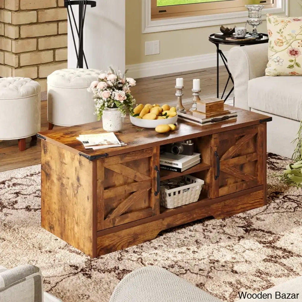 Pityy Coffee And Center Table With Barn Doors Storage Cabinets Open Shelves For Living Room Bedroom