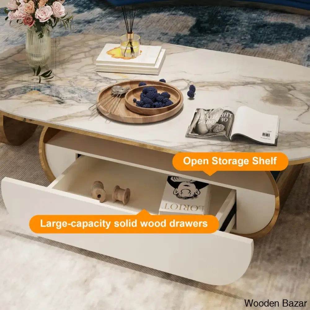 Poet Oval Original Marble Coffee Table With Storage Drawer And Center Table