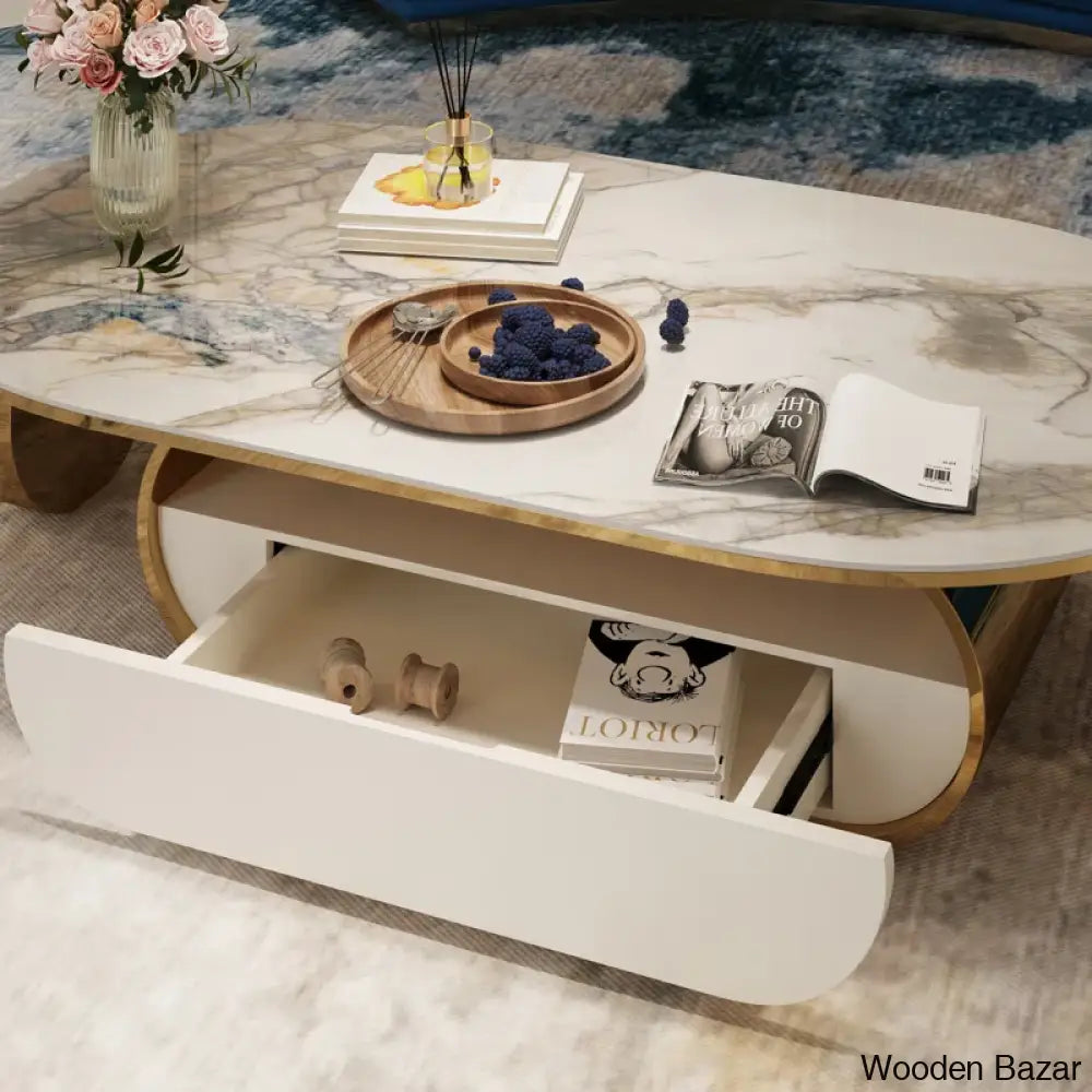 Poet Oval Original Marble Coffee Table With Storage Drawer And Center Table