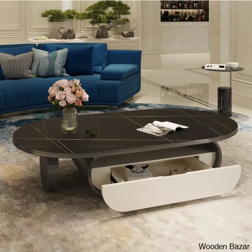 Poet Oval Original Marble Coffee Table With Storage Drawer And Center Table