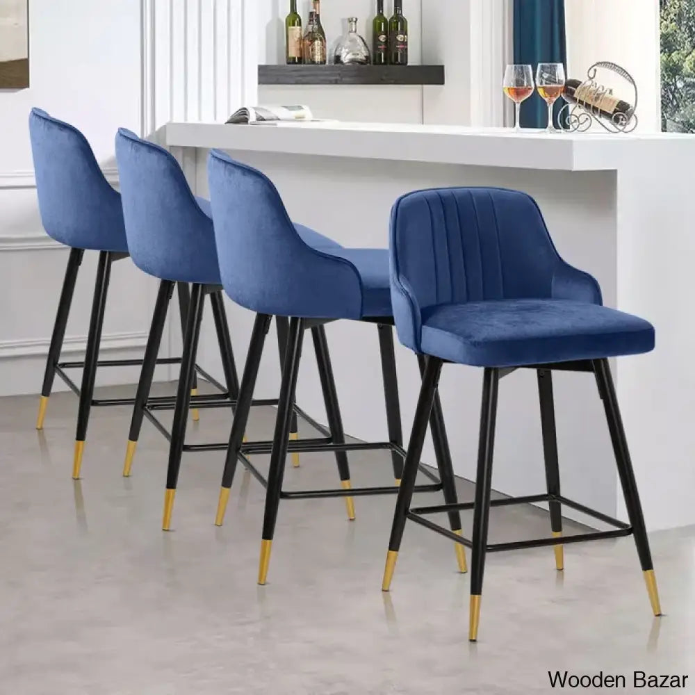 Quiin Swivel Velvet Upholstered Counter & Bar Stool (Set Of 4) Blue / (29’’ Seat Height)