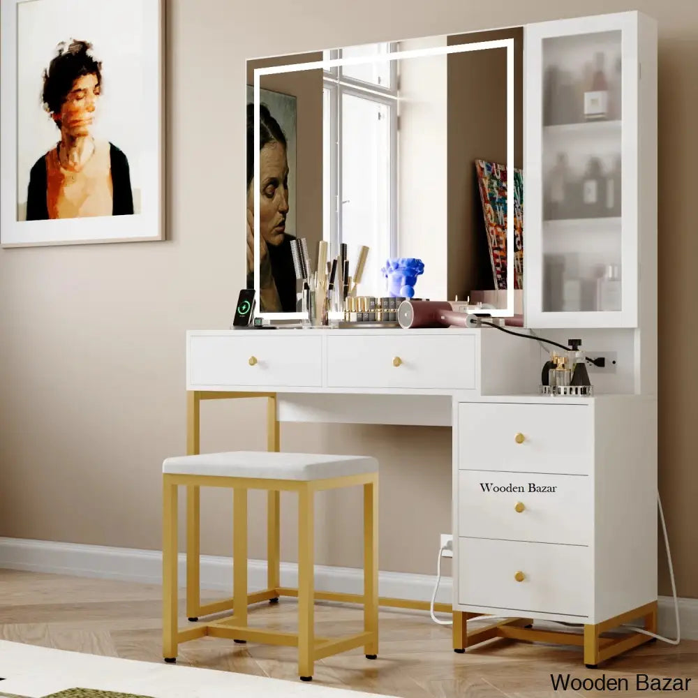 Quinnel Vanity Dressing Table With Lighted Mirror And Stool