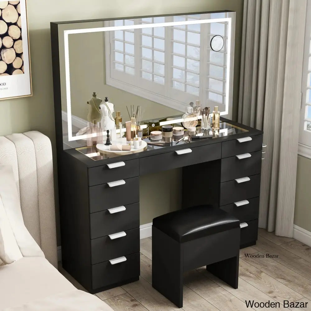 Ramayo Vanity Dressing Table Mirror With Led Light 11 Drawers And Hairdryer Holder Stool Black