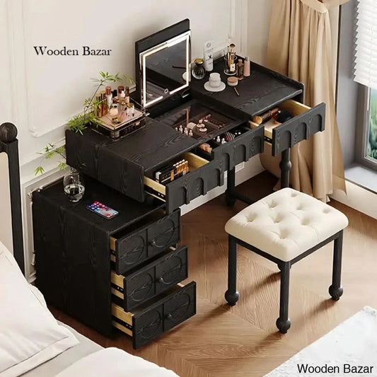 Retro Black Flap-Top Vanity Dressing Table With Mirror And Stool Set