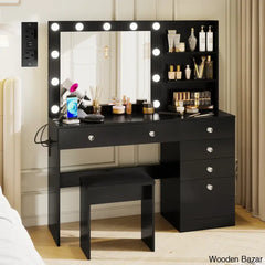 Reyhana 6 Drawers Vanity Dressing Table With Lighted Mirror And Stool Outlets